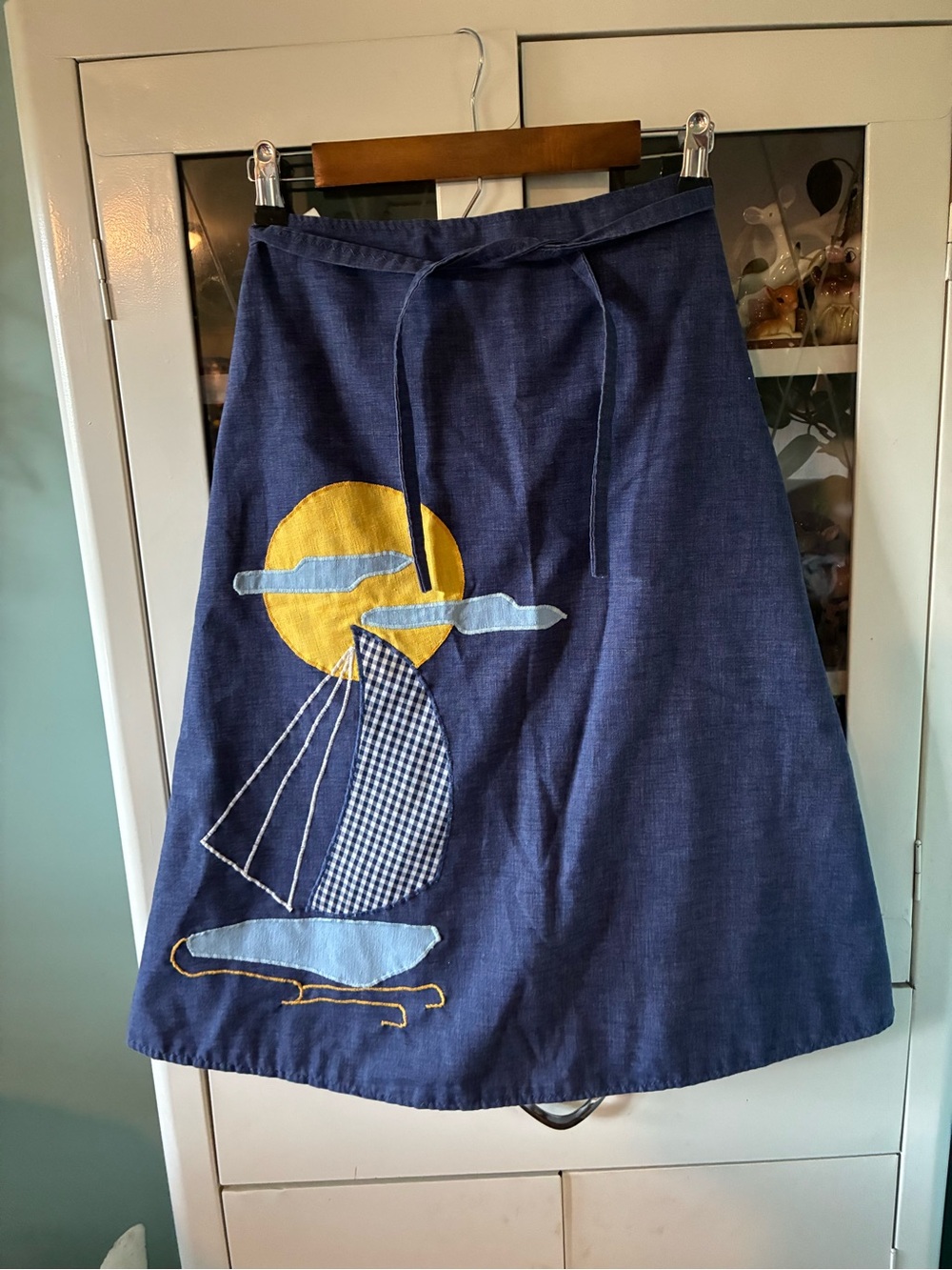 The Pond Vintage Navy 70’s Sailboat Reversible Gingham Wrap Skirt - Navy euc